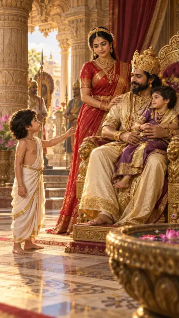 Young Dhruva reaches out to his father, the king, whose lap is taken by his half-brother while the queen looks on.