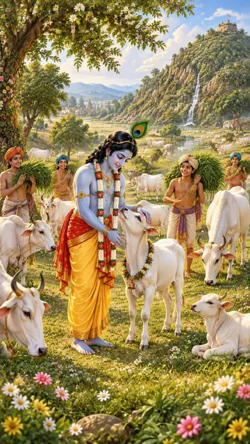 Young Krishna, with a peacock feather in his hair, strokes a calf among grazing cows and cowherd boys, a hill rising behind them.