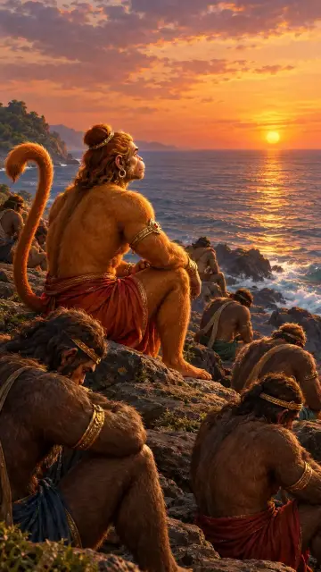 Hanuman stands on a sea cliff at sunset, the vanara army gathered behind him, looking out across the ocean.