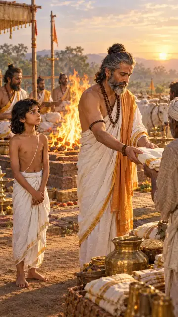 At sunrise beside a sacrificial fire, a young boy watches his father hand out gifts, old cows standing behind.
