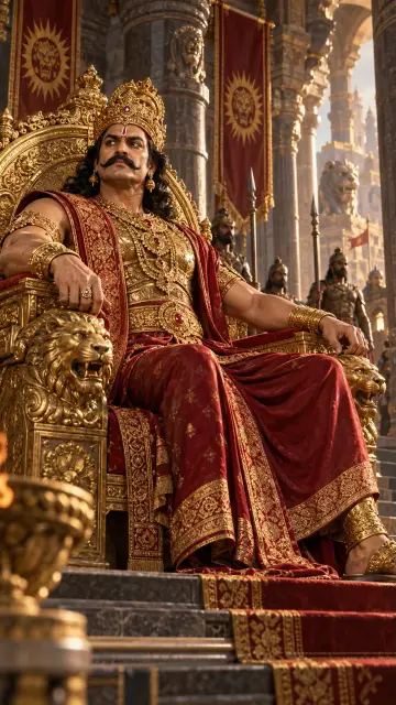 A crowned asura king in red and gold sits on a lion-armed golden throne in a vast pillared palace, guards behind him