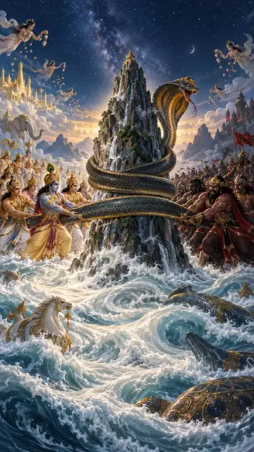 Devas and asuras pull the great serpent Vasuki wound around Mount Mandara, churning a stormy ocean under a starry sky.