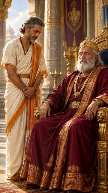 Sanjaya stands with folded hands beside the blind old king Dhritarashtra on his golden throne.