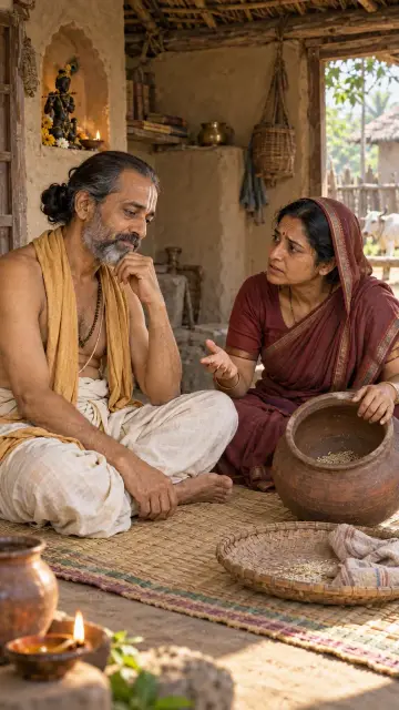 Sudama sits deep in thought in his simple hut as his wife urges him on, beside a nearly empty clay grain pot.